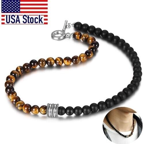 Natural Red Tiger Eyes Map Stone Necklace For Men Unisex Stainless Steel Matte Black Bead Necklace Male Jewelry Gift TNB001A