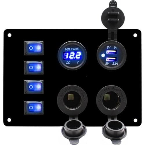 Gang Rocker Switch Panel with Dual USB Slot Socket 5V 3.1A + Dual Cigarette Lighters + Voltmeter for Marine Boat Car Rv Vehicle