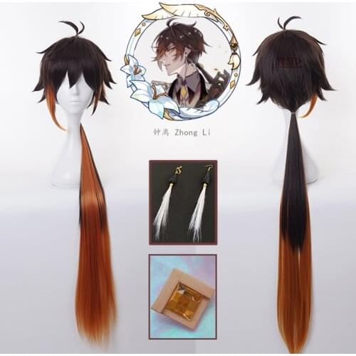 Game Genshin Impact Zhong Li Cosplay Wig Anime Long Wig Earring Hairpin Heat Resistant Fiber Hair Wig Cap Halloween Party Girls