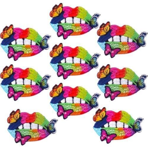 10PCS Lips Butterfly Embroidered Patches Colorful Lips Iron On Patches For Clothing Sexy Lips Stripe On Clothes Badges Applique
