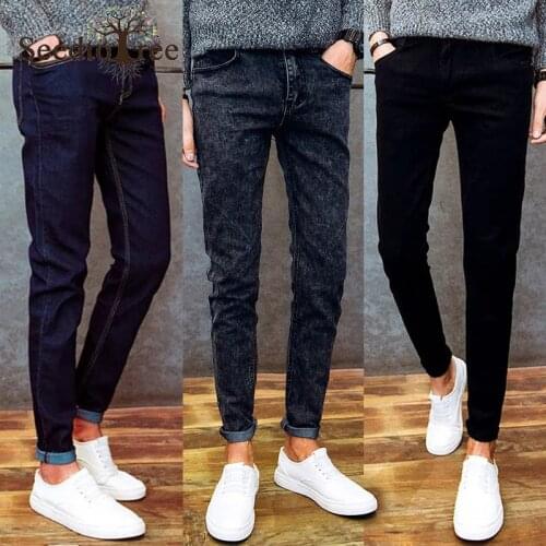Mens Jeans Slim Korean Fashion Small Feet Denim Trousers Solid Pencil Pants