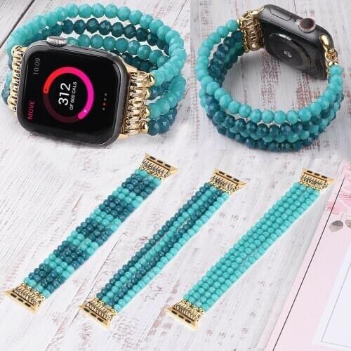 Blue Turquoise Beads Bangle Strap For Apple Watch Band 40mm 42mm 38mm 44mm Elastic Bracelet For iWatch Series 1 2 3 4 5 6 SE