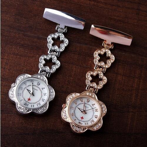 Luxury Crystal Petal Nurse Doctor Brooch Fob Pendant Quartz Watch Stainless Steel Hanging Pocket Watches Womens Dresses Gift