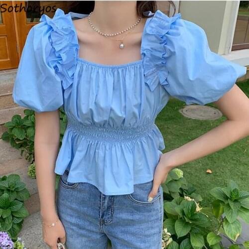 Women Shirts Solid Ruffles Square Collar Retro Elegant Gentle Cropped Folds Cute Short Puff Sleeve Teens Ulzzang Sweet Blouses