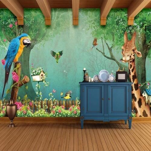 Self-adhesive Mural Papel De Parede 3D Giraffe Parrot Fairy Forest Korean Style Children Room Restaurant Decor Photo Wall Paper