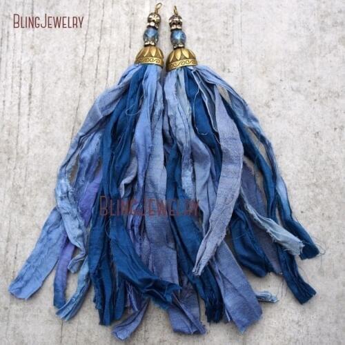 Blue Shades Sari Silk Tassel Pendant Antique Bronze Cap and Blue Crystal Accent PM9150