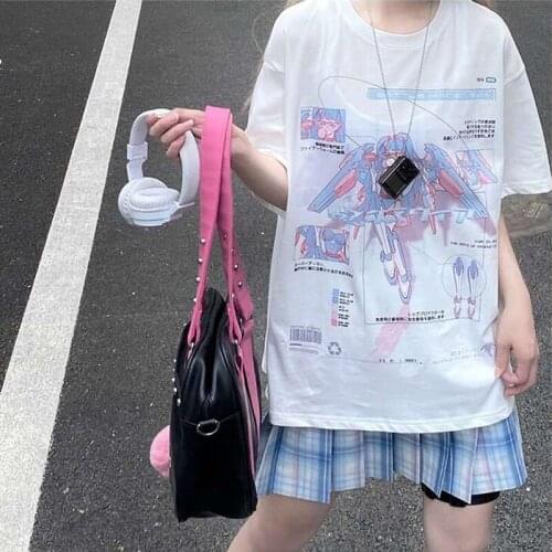 Dark Punk T-shirt fun cartoon cute robot printing Japanese preppy style sweet top streetwear Harajuku women Oversize T-shirt