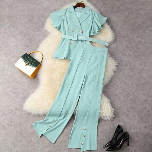 Europe and the United States womens clothing New Summer 2021 Double breasted jacket flounce sleeves Belt pants Fashion suits