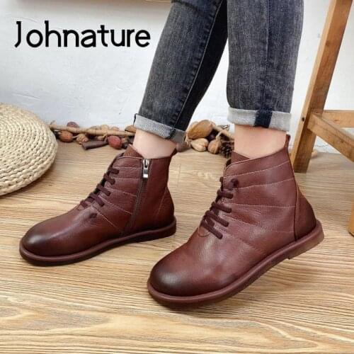 Johnature Ankle Boots Women Shoes Genuine Leather Round Toe Flat With 2021 New Autumn Zip Sewing Handmade Leisure Platform Boots