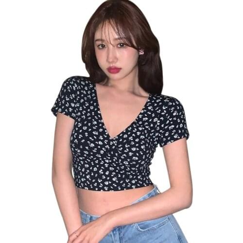 Womens Floral Print V Neck T-Shirt Summer Sexy Slim Expose Navel Short Sleeve Tee Shirt Tops