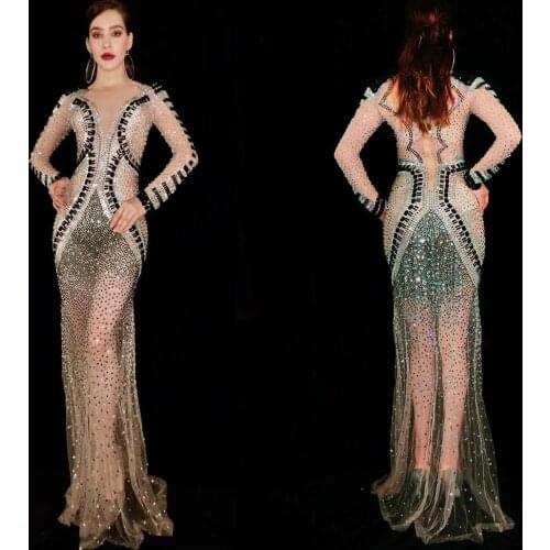 Bar Birthday Celebrate Dress See Through Silver Black Rhinestones Dress Prom Mesh Outfit Women Singer Stage Dance Costumes
