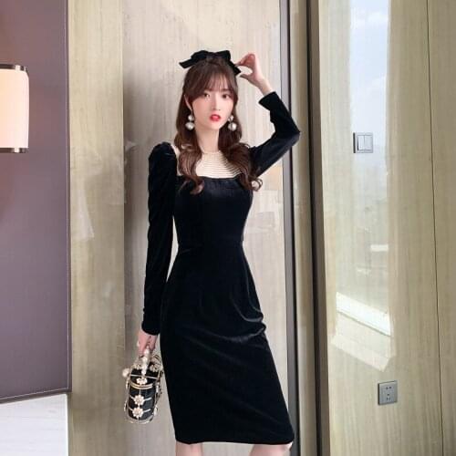 2020 Autumn High End Black Women Dresses Vintage Long Sleeve Office Ladies Runway Party Red A Line Beading Velvet Dress Vestidos