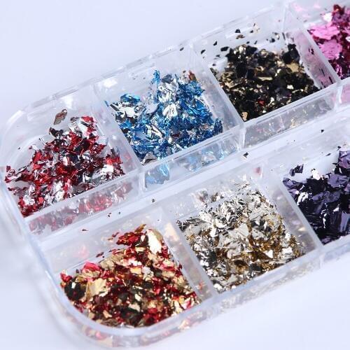 12 Grid/Set Colorful Irregular Aluminum Foil Paper Nail Art Sticker 3D Glitter DIY Manicure UV Gel Polish Nail Decoration Tools
