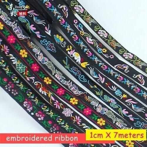 7m/lot 1cm wide black Vintage Ethnic Embroidery Lace Ribbon Boho Lace Trim DIY Clothes Bag Accessories Embroidered Fabric Custom