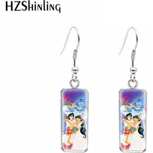 Aladdin Cartoon Jasmine Tiger Rectangular Hook Earrings Glass Cabochon Fashion Jewelry