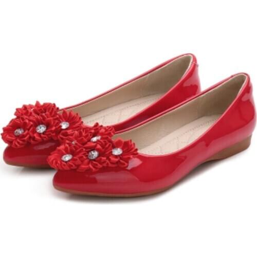 Lady Floral Flats TPR Soft Sole Ballet Shoes Latex Insole For Tender Feet Pointy Toe Shiny Leather Slip-Ons Sweet Cute Footwear