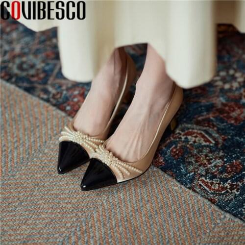 COVIBESCO Fashion Elegant Women Pumps Genuine Leather Pointed Toe High Heels Party Office Shoes Woman Spring New String Bead