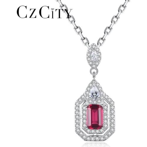CZCITY Vintage Necklace Sterling 925 Silver Red Gemstone Clear Crystal Pendants Fine Jewelry Christmas Gifts Accessories SN597
