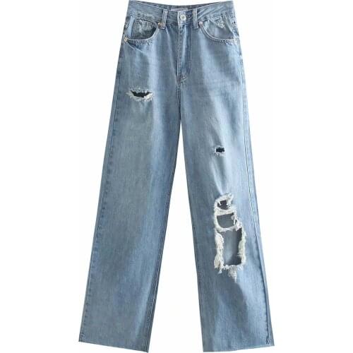 Za High Waist Loose Comfortable Jeans For Women Fashionable Casual Straight Pants Jeans Basic Knee Hole Jeans Xitimeao