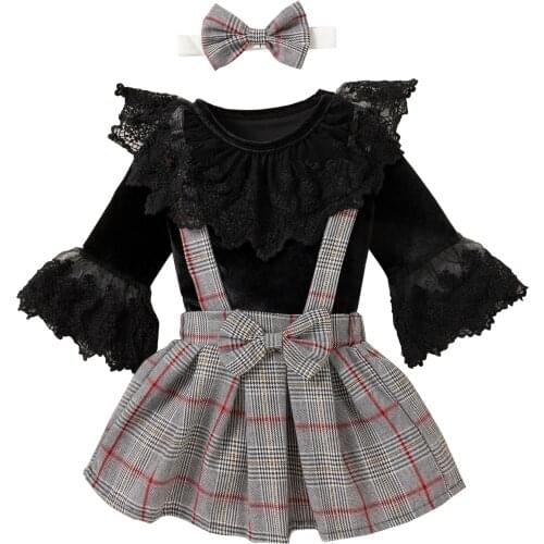 Newborn Baby Girl Clothes Set Lace Long Sleeve Romper Tops Plaid Suspender Skirt Headband Autumn Toddler Infant Clothing Outfits