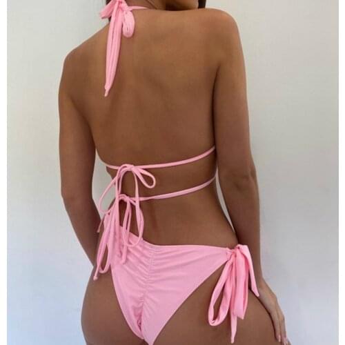 2 Pcs Womans Bikini Swimwear Set Sexy Halter Pearl Crystal Pendant Lace-up Bra Solid Color Elastic Panties Summer Beachwear