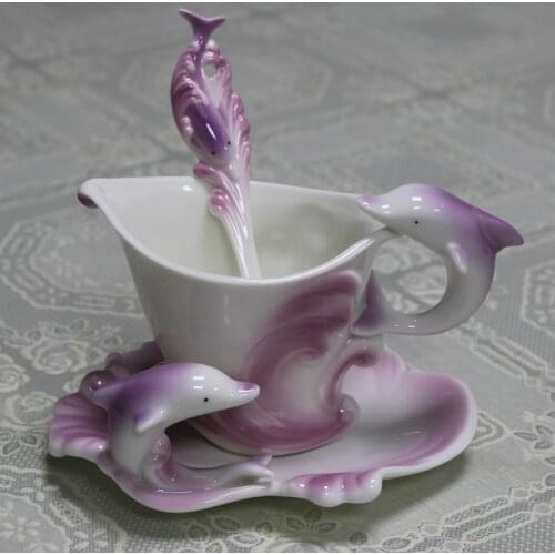 Creative European Mugs Cups Colored Enamel Coffee Mug Porcelain Suit Dolphins Coffee Disc Scoop Friend Present