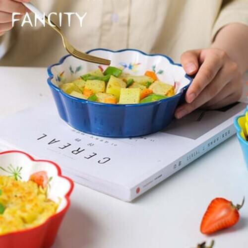 FANCITY Strawberry lace bowl rice bowl cute small bowl petal bowl ceramic bowl fruit bowl salad bowl creative tableware
