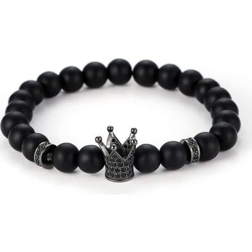 Trendy Matte Black stone Beads Bracelet Pave CZ 4 color crown and sheet Bracelet for Women&Men Noble Jewelry Handmade Pulseras