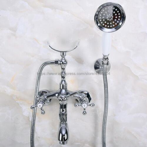 Polished Chrome Bath Shower Faucet Set Dual Knobs Wall Mounted Bathtub Mixers with Handshower Swive Tub Spout Nna232