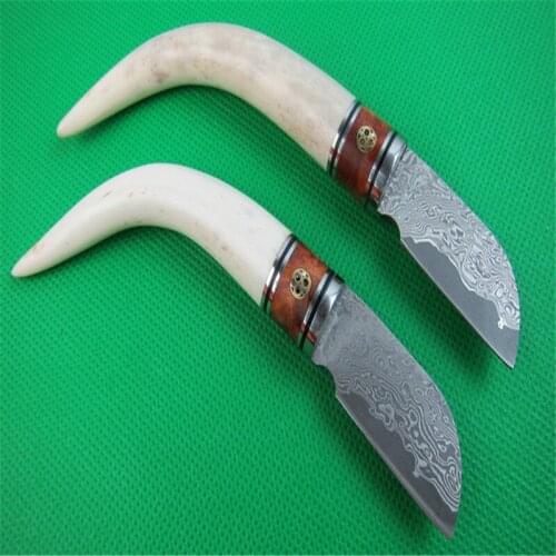 Straight Damascus. Antler Handle Tea Knife Steel Head Fine Inlaid Red Shadow Forest Survivcial Survival Kitchen EDC Tool