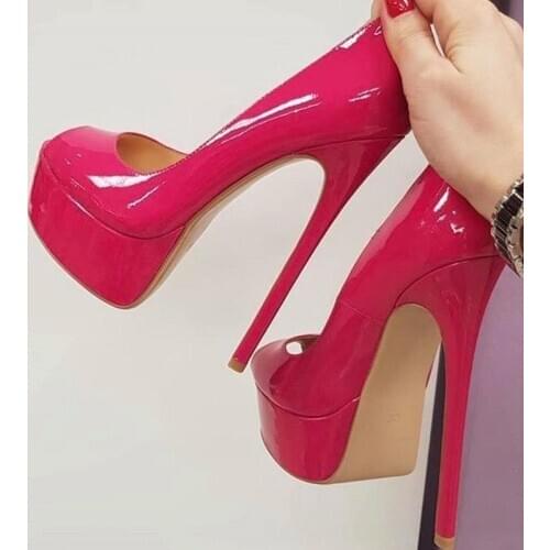 Rose Pink Patent Leather Stiletto Heels Pumps Peep Toe High Platform Popular Dress Shoes Slip-on Size 45 Customized