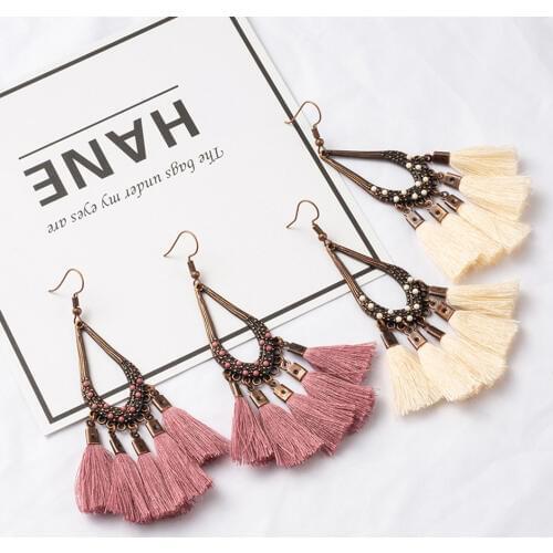 Tassel Earrings for Women Bohemia Boho Vintage Water Drop Earring Female Fashion Jewelry Cute Crystal Cotton Fringe Earrings