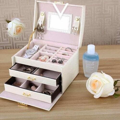 Three Layers Jewelry Box Leather Large Capacity Makeup Organizer Bedroom Desktop Necklace Earrings Rings Storage Case With Lock