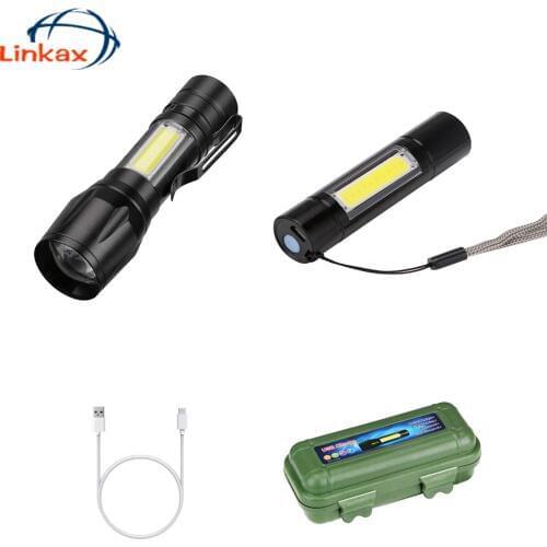 USB Rechargable COB LED Flashlight Super Bright Waterproof Zoomable Torch Lamp+Battery+USB Cable+Box For Emergency