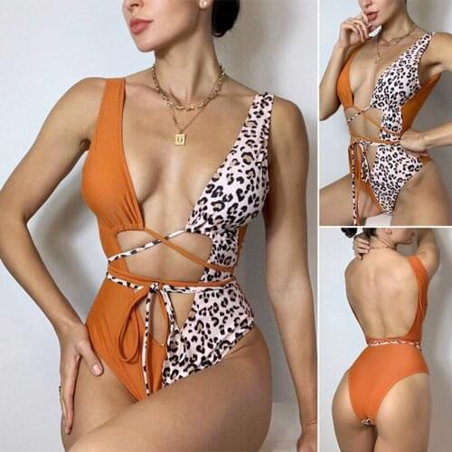 Womens One-Piece Contrasting Color Strap Swimsuit Halter Sexy Swimsuit Orange