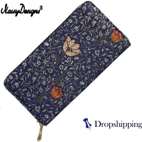 NOISYDESIGNS William Morris pimpernel Floral Fabric Girls Long Wallets Zipper Phone Bag Vintage PU Women Clutch Purse Carteira