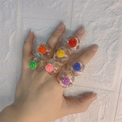 Vintage 90s Rose Flower Rings for Women Colorful 2YK Cute Acrylic Statement Rings Fashion Jewelry Aesthetic Accessories Gifts