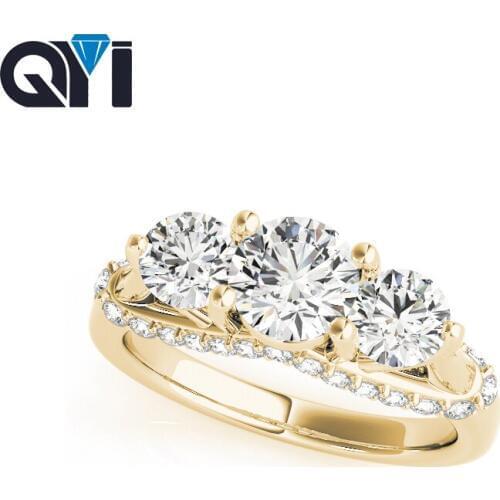 QYI Woman Three Stone 14K Engagement Ring Classic Real 14k Yellow gold Round Cut Simulated Diamond Wedding Ring