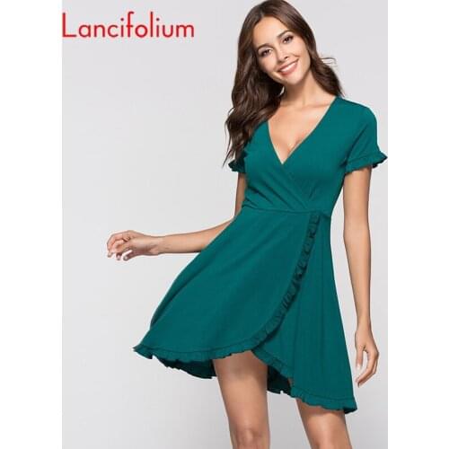 Sexy V Neck Warp Dress Women Summer Green Ruffle Sleeve Mini Dress Ladies Yellow Vintage Korean Fashion Elegant Party Dress 2020