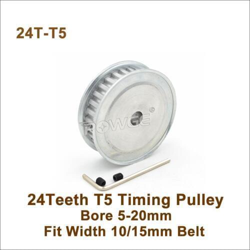 POWGE 24 Teeth T5 Timing Pulley Bore 5-20mm Fit W=10/15mm T5 Synchronous Belt 24T 24Teeth T5 Timing Belt Pulley 24-T5