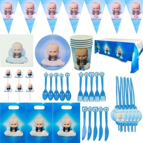 125pcs/lot Baby Boss Theme Banner Napkins Cups Spoons Forks Knife Tablecloth Cake Toppers Plates Straws Gifts Bags Tableware