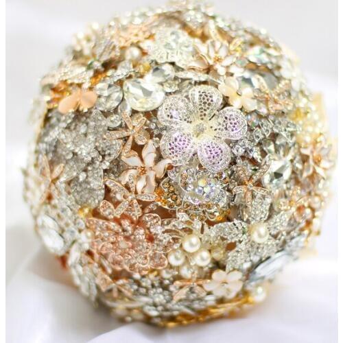 Custom bridal bouquet, ivory wedding brooch bouquet, diamond pearl jewelry made of ribbons, light gold jewelry bouquet