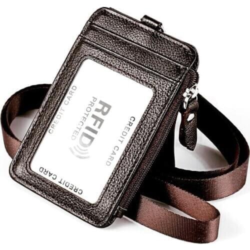 Bycobecy Genuine Leather Rfid Credit Card Holder Removable Lanyard Business Work Card Set Zipper Coin Purse