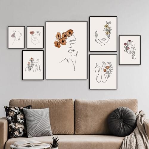Abstract Art Girl Face Flower Plant Line Wall Art Canvas Painting Nordic Posters And Prints Wall Pictures For Living Room Decor