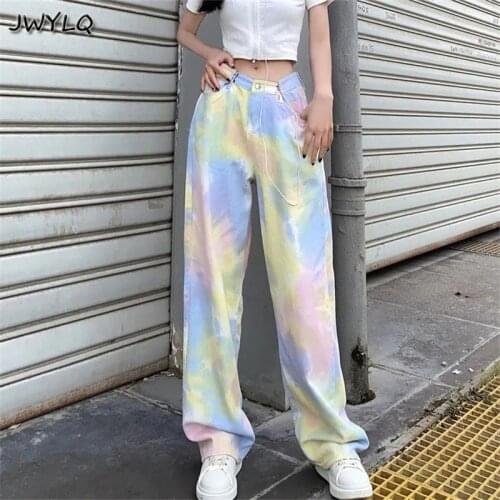 Streetwear Rainbow Tie Dye Printed Jeans High Waist Straight Gradient Loose Denim Pants New Harajuku Y2k Wide Leg Jean Trousers
