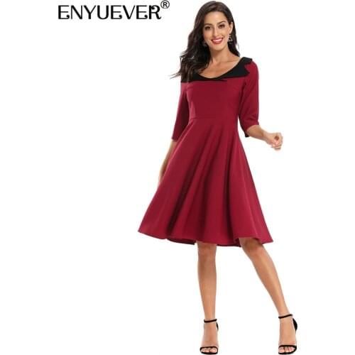 Enyuever Elegant Women Dress Autumn Clothes Patchwork Half Sleeve Robe Pin Up Swing Knee Length Vestidos Casual Ladies Dresses
