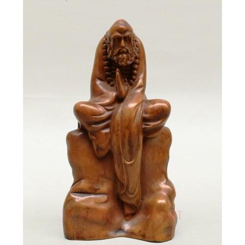 YIZHU CULTUER ART Collection Ancient China Old Boxwood Hand Carved Dharma Buddha Statue Family Decoration