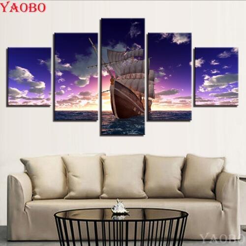 5pcs,Diy diamond painting cross stitch Sailboat Sunset Seascape diamond embroidery sale mosaic round/square full resin drill