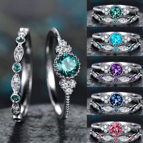 2Pcs/Set Rings 2021 New Luxury Green Blue Stone Crystal Rings for Women Sliver Color Wedding Engagement Fashion Jewelry