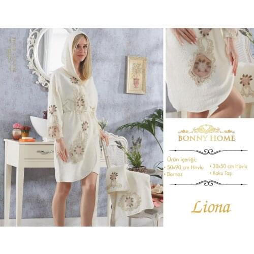 Bonny Home Liona 3 Pieces Women Bathrobe Set 100% Cotton Lacy Luxury Female Towel Nightwear Sleepwear Bath Robe